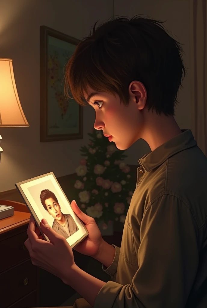 A teenager man Finding an old photo that brings back memories.
