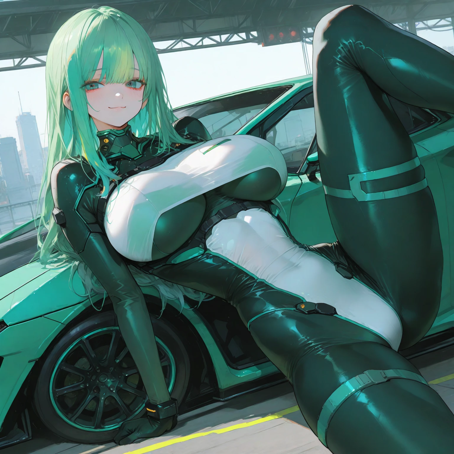 1female, ((solo)), 21 years old，mature，plumw，extremely large bosom ，Pornographic exposure， solo，（Background with：stadium） She has short green hair，bobo head，(((green hair))), (((in the race stadium)))，seen from the front， hair straight， mostly cloudy sky，（（（tmasterpiece），（Very detailed CG unity 8K wallpaper），best qualtiy，cinmatic lighting，detailed back ground，beatiful detailed eyes，Bright green pupils，（Very fine and beautiful），（Beautiful and detailed eye description），ultra - detailed，tmasterpiece，）），facing at camera，A high resolution，ultra - detailed），revealing breasts，Bare genitals，  Bulge，legs are open，Raised sexy，Camel toes，Flushed complexion，Open-mouthed，frontage, racer, sitting next to the car, ((green race Ferrari car))（Wearing： black jacket, Track and field suits，Black and green color scheme）racer uniform armor, (((under boobs)))