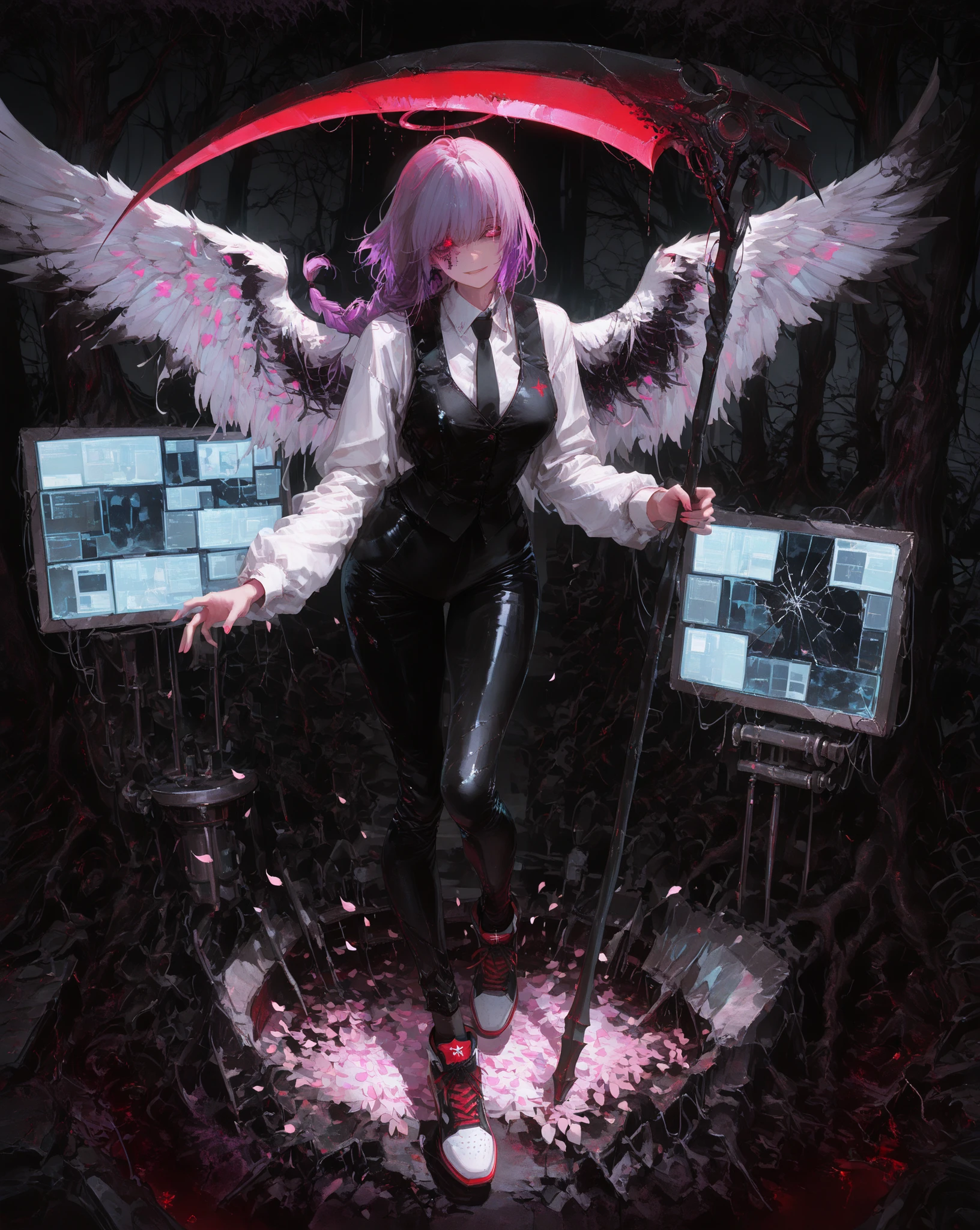 A beautiful woman (calm and serene look) with long angel wings of white and black colors, hair in mixed shades of red and purple and a long braid falling over her shoulder, heterochromia in the eyes, wearing a white dress shirt, a black vest over it and a black tie, tight black pants, red All Star style sneakers, holding a scythe with bright red neon on the blade, in a laboratory room, ((destroyed environment)), amidst a holographic forest of cherry trees, petals falling gently to the ground, ((dystopian)), ((dark environment with holographic screens showing trees and pink petals)), ((cracked screen)), (half smile), (tear running from one eye), (beautiful body), (beautiful curves), (well-designed body), ((full body view)), ((detailed)), ((masterpiece)), ((high definition)), ((ultra HD)), natural lighting, ray tracing, perfect shadows