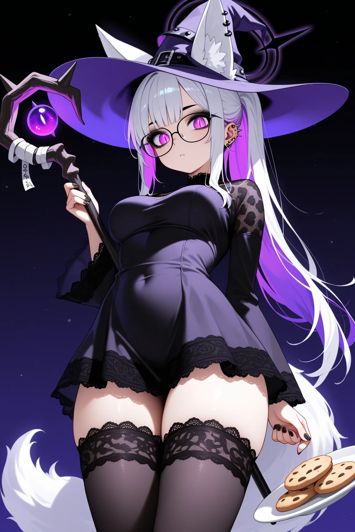 Witch wearing black dress, black hat and purple thong