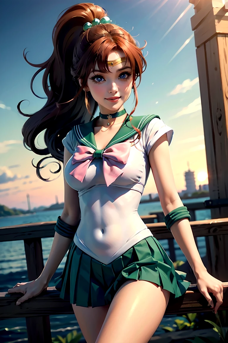 masterpiece, Highest quality, High resolution, Super detailed, smile, Woman with long red hair and bangs, ponytail,Bright Blue Eyes, Long eyelashes,eye shadow,Pale pink blush,Beautiful girl, Golden tiara on the forehead,choker,Sailor Warrior Uniforms,Green mini pleated skirt, Swimwear,Big Tits,(Open your legs and show them)