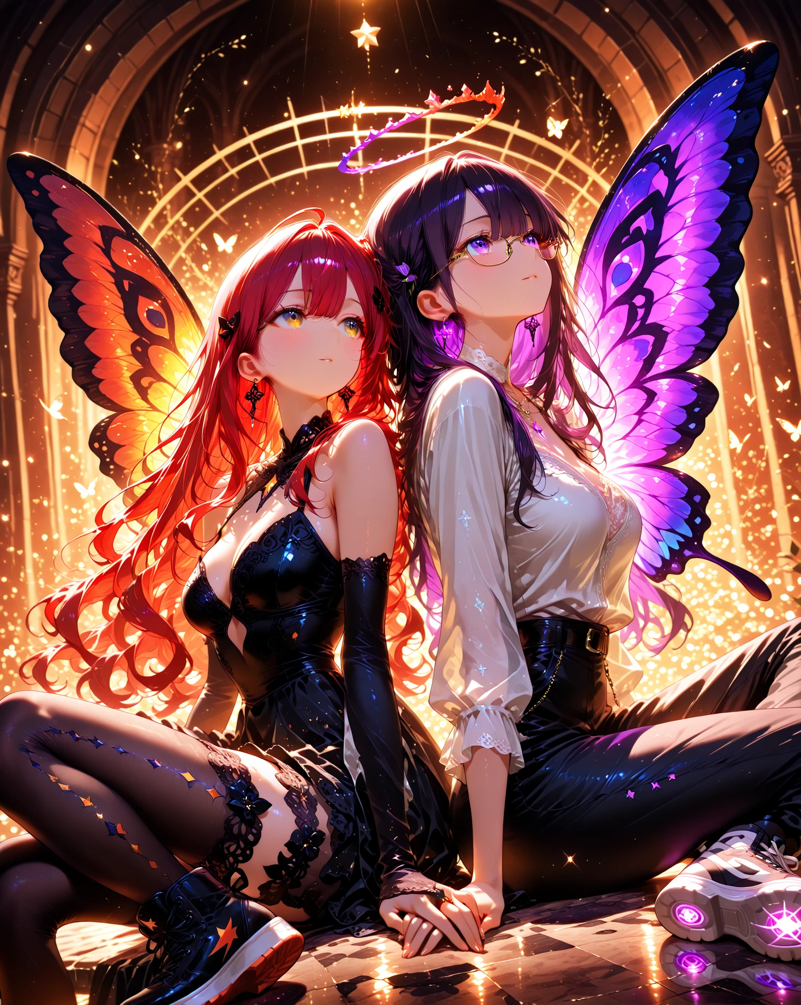 A female demon with cat ears, Elf ears and black demon horn, ((orelhas de elfo)), ((demon horn)), (orelhas de gato)), cabelo cor-de-rosa extremamente longo, ((Cabelo cor-de-rosa)), White eyes of the demon, ((olhos brancos)), vestido de gala preto longo volumoso e lindo, Gothic cathedral abandoned and destroyed with corvus and spiders