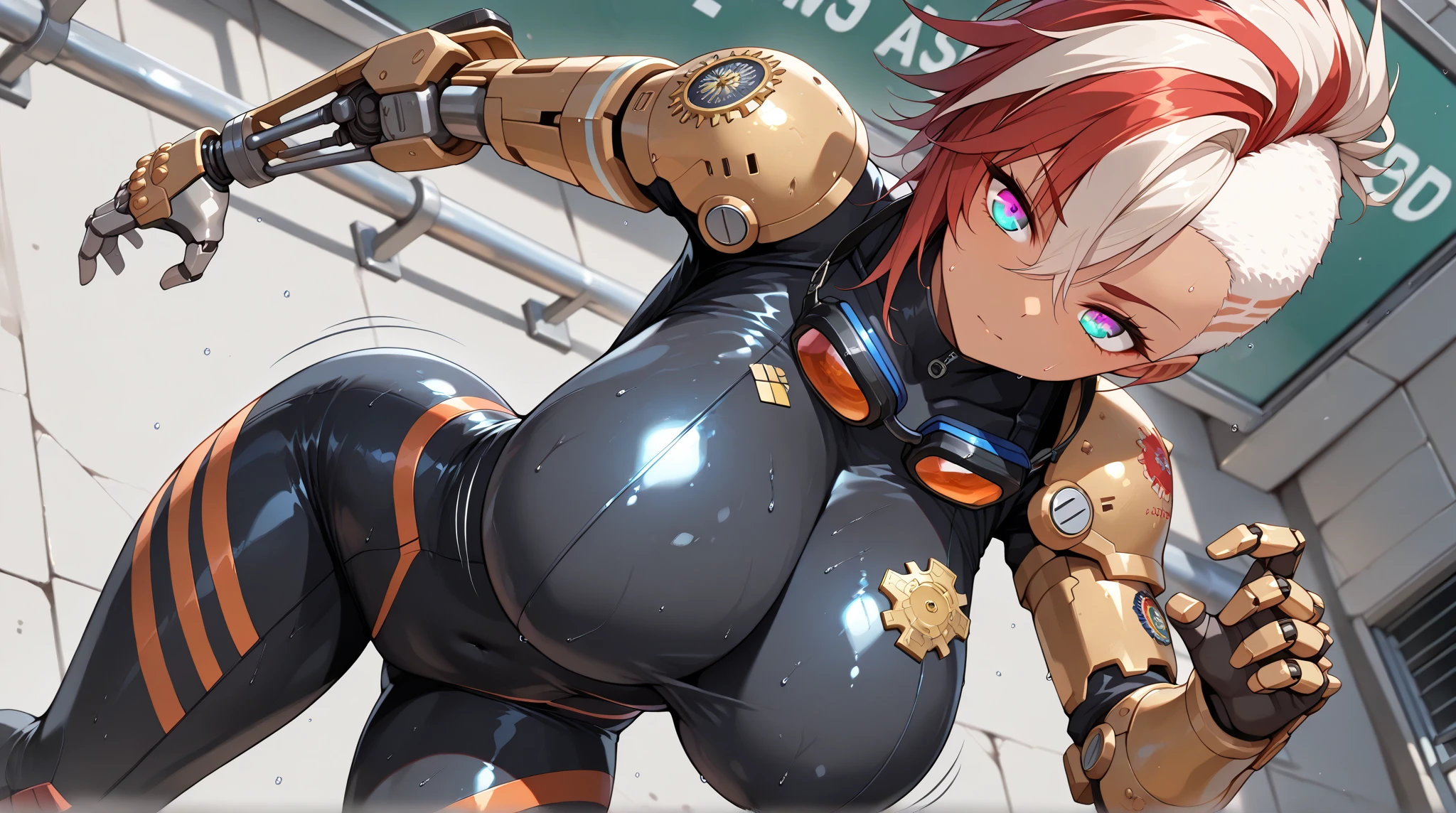 (((Sparks fly))), (((Highest quality))), ((Very detailedな)), (High-definition CG illustrations), ((Very delicate and beautiful)), Cinematic Light,((1 Mecha Woman)),alone,mature,(Ahegao),Big and ample breasts,Plump, whole body,(Machine made joints:1.2),((Mechanical marginal vessels connected to tubes),((Cervical vertebrae mechanically attached to the neck)),(((The crotch is open))),(Sitting),(wires and cables around the neck:1.2),(Overhead Wires and Cables:1.2)(Character Focus),sf,((Very detailed,colorful)),Best details