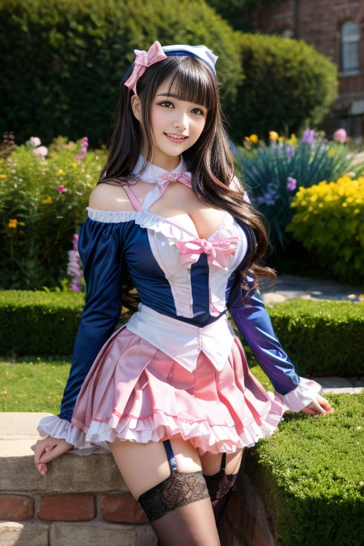 Female college student、bondage、blouse、透けたblouse、big breasts、アニメbig breasts、underboob、underboob、obscenely large breasts、Voluminous bun-shaped twin tails、smile、white fishnet tights、full body shot、focus on crotch、show off panties、show off your panties、angle from below、Seductive panties with detailed decoration、put your hands behind your head、bold spread legs、beautiful eyes、long eyelashes、walk through the rose garden、three maidens