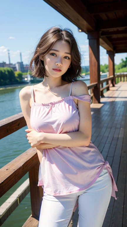 (highest quality、8k、32k、masterpiece、Hmph:1.45)、Cute Japanese Women Photos、Soft looking breasts、No bra、Ample breasts,((Yamashita Park Hikawamaru))、((Passion pink short cut))、Face Focus、White T-shirt、necklace、From above、Looking at the audience、((I'm showing my teeth and smiling))、Dynamic Shadows、blonde、Wet shiny hair、Shine, Watery eye、