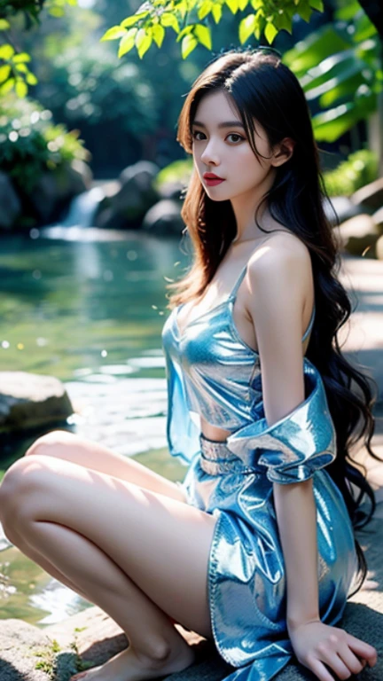 Una chica con cabello rubio hermosa con vestido esmeralda con brillos, sitting in a river with a beautiful landscape in the background