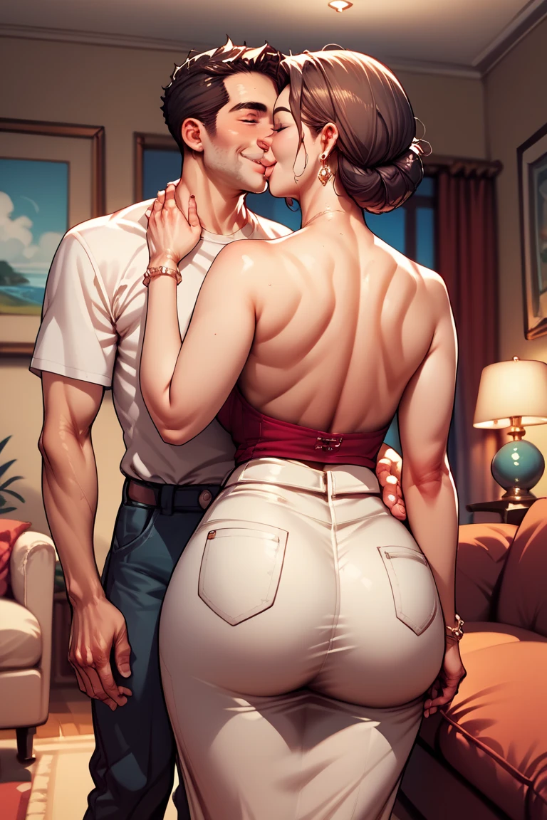 8k, Hyperrealistic body photo of big butt woman pale pink skin face Margot Robbie being hugged from behind by a 90 year old man wearing glasses in a suit. Mulher com vestido lindo