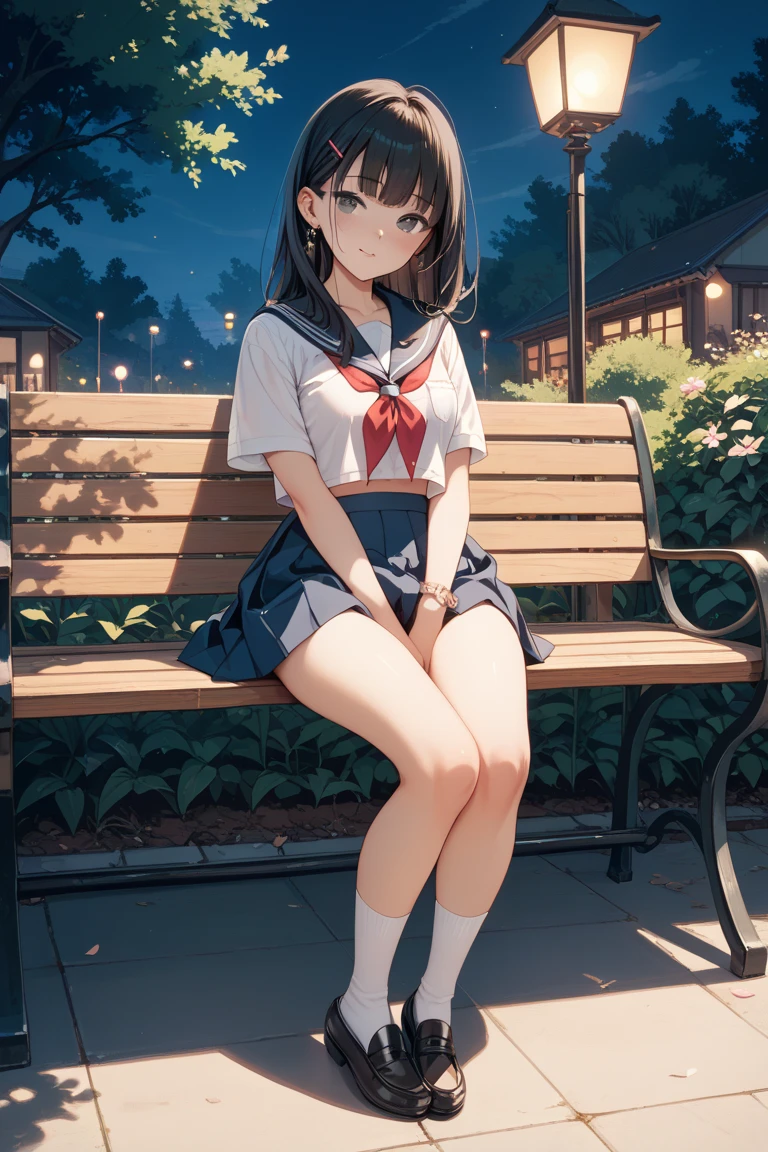 ((​masterpiece)), (top-quality), (detaileds), (1 rapariga), (Panchira:1.2), It's a sitting bench, pink sailor suit,, (a closed mouth:1.2), irate,Big breasts、Show underwear、Disgusting face、The wind twists the skirt、Exposure of underwear、Spread legs,Early morning red underwear,Candlelight underwear,
