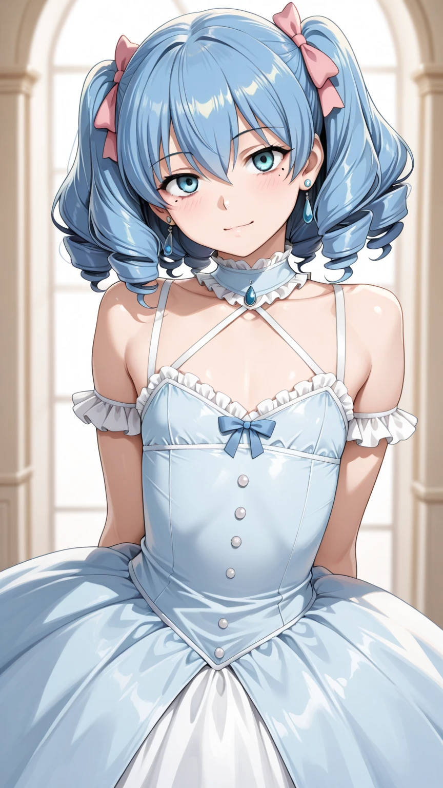 最high quality,very detailed,high quality,Extremely detailed,masterpiece,Super fine,ultra high resolution,超high quality,super delicate face,super realistic,(1 person:1.2)、woman、、light blue hair color、(Cute sky blue eyes)、(short:1.3)、flat chest 、 body shape、(twin drill hair:1.2)、in the room, underwear, blush, focus on face,