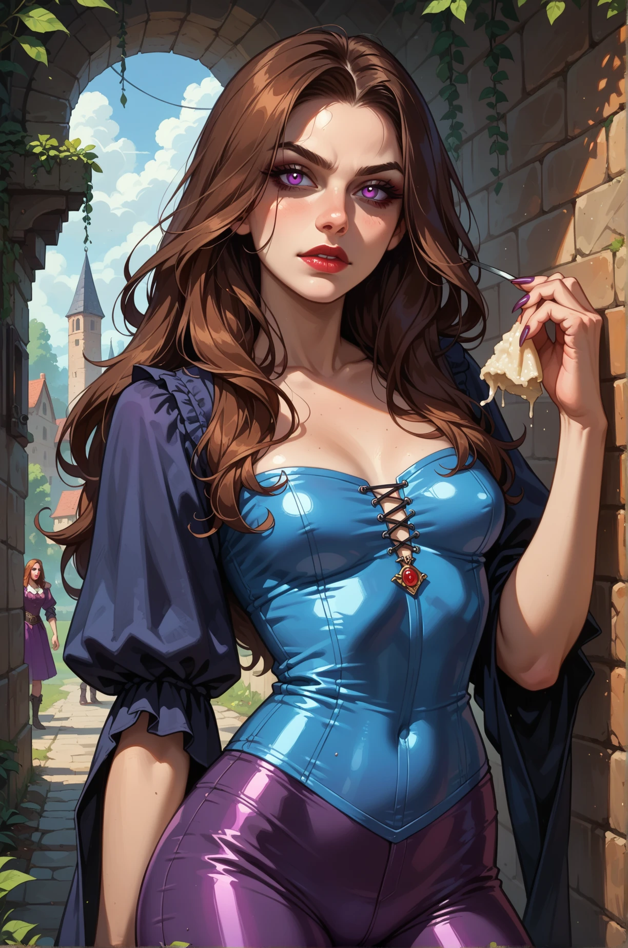 a woman in a blue dress holding a wand using a witch&#39;s cauldron with green smoke coming out in the shape of skulls , Alena Aenami e Artgerm, artgerm detalhado, artgerm e atey ghailan, Estilo Ivan Talavera e Artgerm, Krenz Cushart e Artgerm, artgerm e lois van baarle, beautiful character painting Cartoon style digital illustration GTA style