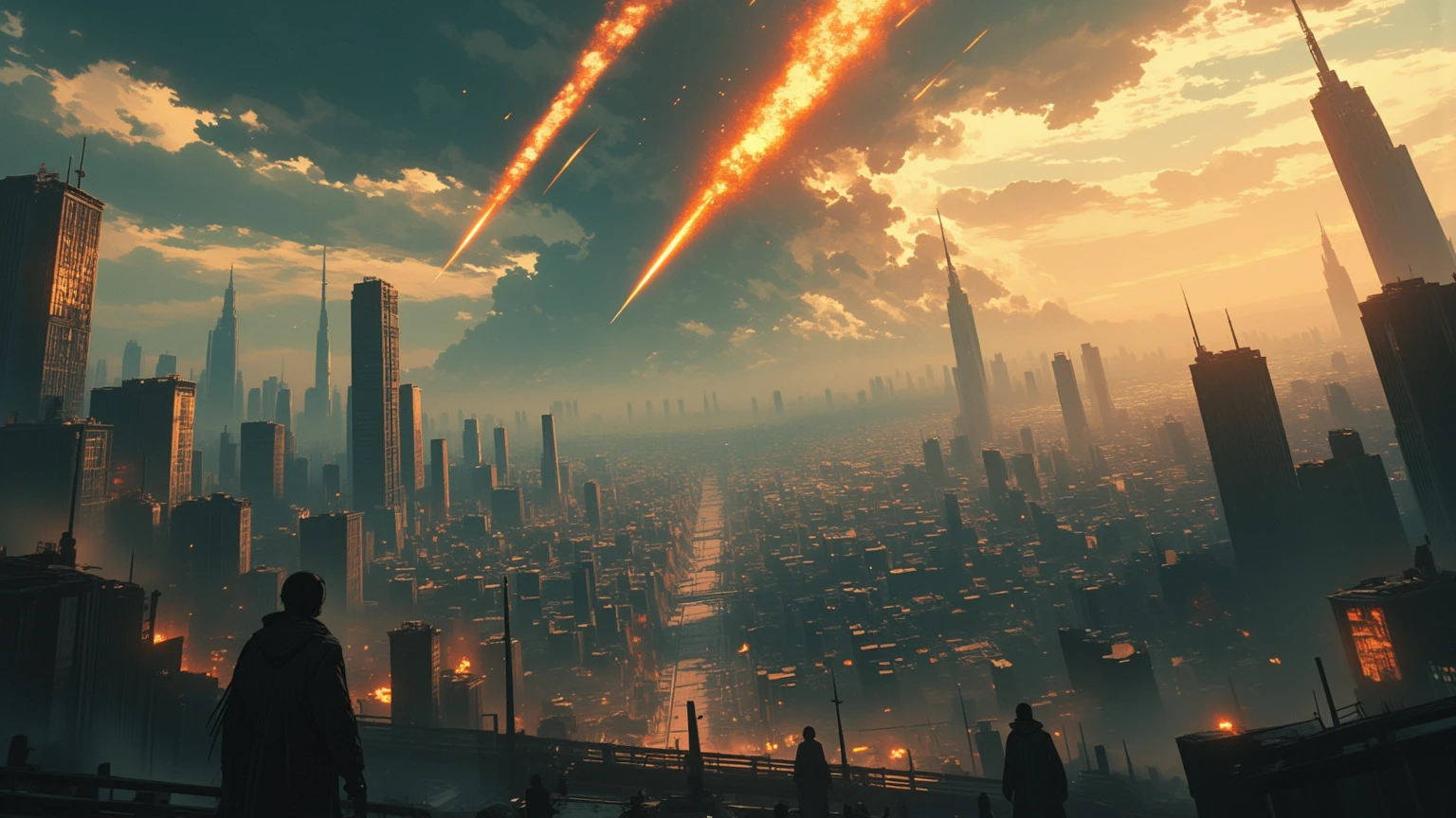apocalypse, meteor shower, burning meteors destroy a dilapidated metropolis, burning buildings, a lot of neon signs, cinematic