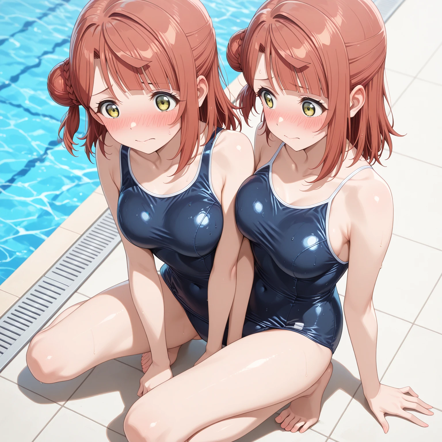 two girls, hand on ass ,realistically、17 year old girl、red hair, big ass, cleavage, wearing off-white competition swimsuit、Smile、bottom boolean swimming、sexy pose