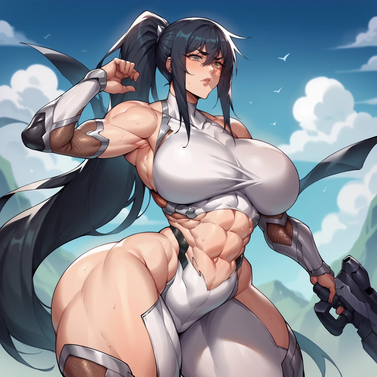 1fille, femme, (((((musculaire))))), (((thick thighs, Seins, corps tonique, 1 fille))), cheveux noirs, pale skinned, yeux jaunes, Froncer les sourcils, very long hair, ((tour de taille)) onsen en sueur
