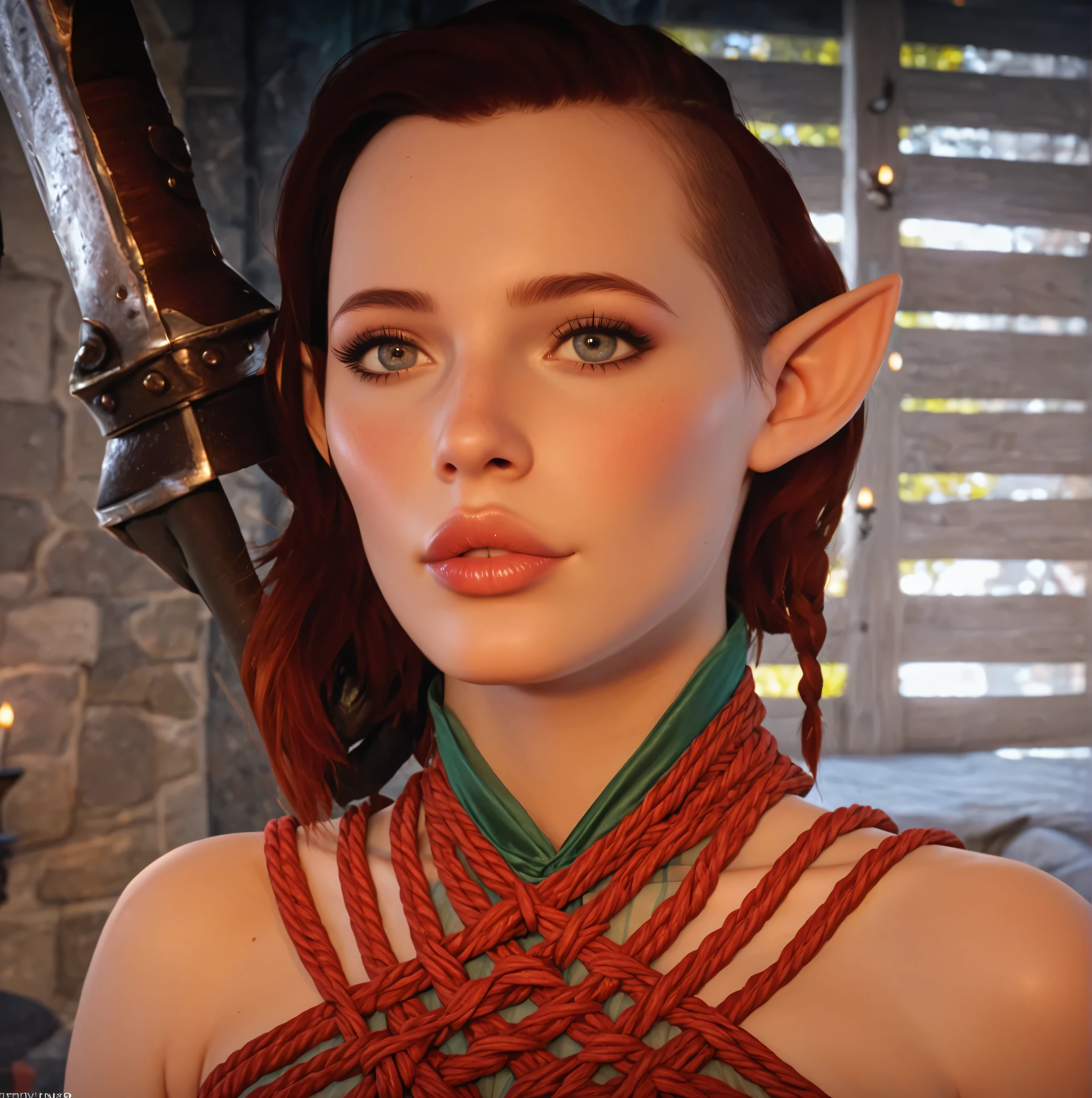 dragon age inquisition, elven character, elf woman, she has elf ears, female character, Perfect round medium breasts, short red lesbian hair, juicy lips, sexy body, slim waist, thin, skinny, scantily clad, translucent clothing, ornate embroidery, shibari
