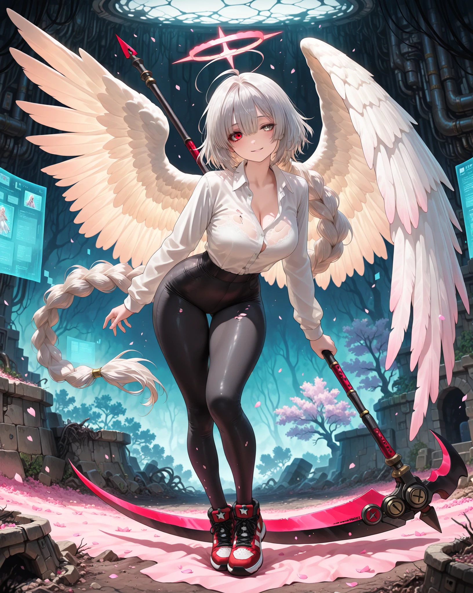  A beautiful woman with long angel wings, (calm and serene look), one wing of white color and the other is black, hair in shades of red reaching purple with a long braid falling over her shoulder, heterochromia in the eyes, wearing a white dress shirt, a black colleague on top, black tight pants, red All Star style sneakers, holding a scythe with red neon on the blade, in a room in a laboratory, ((destroyed environment)), amidst a projection of beautiful trees with pink petals falling gently, ((living in a hologram)), ((dystopian)), ((dark environment with holographic screens showing trees and pink petals)), ((cracked screen)), (half smile), (tear running from one eye), (beautiful body), (beautiful curves), (well-designed body), ((full body view)), ((detailed)), ((masterpiece)), ((high definition)) , ((ultra HD)) 