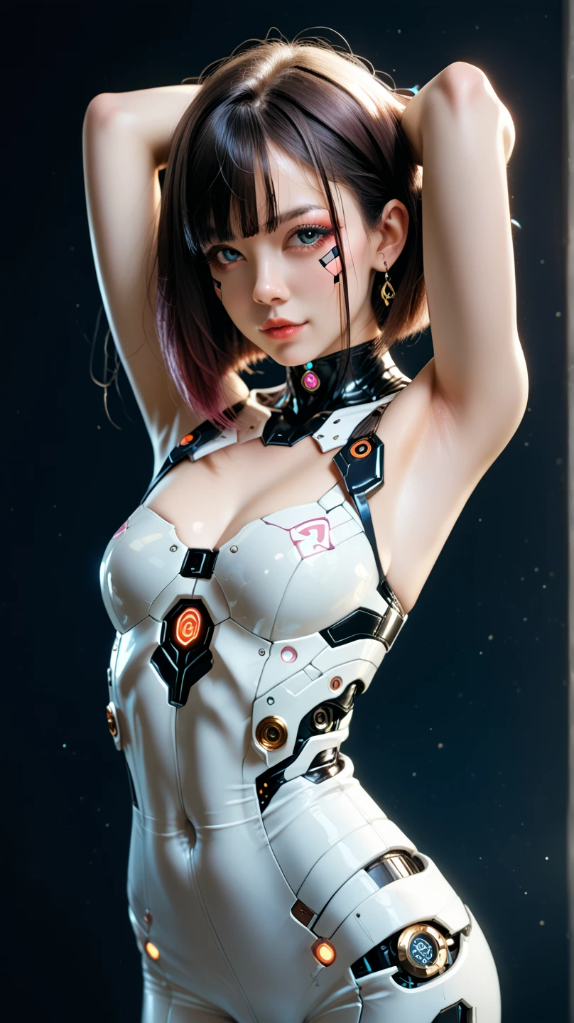 (Beautiful young woman with twin tails:1.5), Modern Fashion, Animation Style, Cute orange priest anime costume, Detailed face, Cute eyes, Cute expression, Soft lighting, Detailed Expression, Vibrant colors, Fancy, Whimsical, Very detailed, 8K, Realistic,Browsing Caution,((Highest quality、8K、masterpiece:1.3))，Japan Maiden，18-year-old、((6.5 lifespan))、Best image quality，Ultra Clear，The facial features are delicate and clear，Exquisite detail，(Camel Toe)、Machine Pattern,Cyberpunk meets goth、Cyber City、(Revealing clothing:1.5)、Slim body、Small breasts、Small Ass、Upright pose、Black Hair、Bob Style、Cropped 、masterpiece、((White leotard))、 ((Plug Suit)), ((Beautiful girl:1.2))、standing、((Cyberpunk Background))、(Neon Light)、Cyberdyne、Beautiful studio soft light、Rim Light、Vivid details、Gorgeous cyberpunk、Ren Hao、Surreal、Anatomical、Facial muscles、elegant、Beautiful background、Octane Rendering