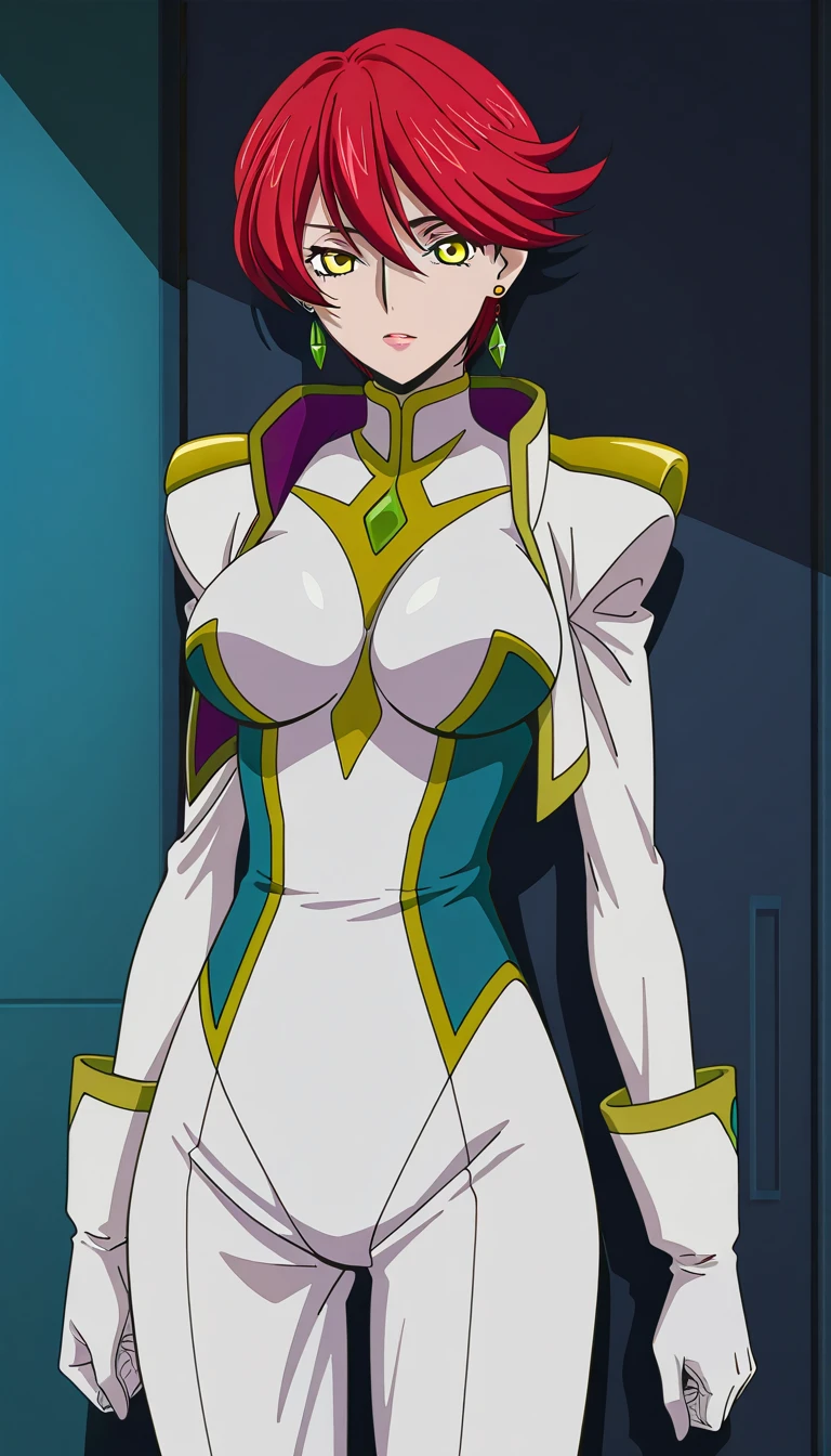 Code Geass, C.C, 1girl, (((bimbo))), long green hair, yellow eyes, ear rings, puffy lips, painted lips, thick lips, wide hips, thick thighs, small round breast, huge ass, revealing cleavage, erotic, Smile face, bubble butt, camel toe, Breasts, white suit, crossed arms, posing,