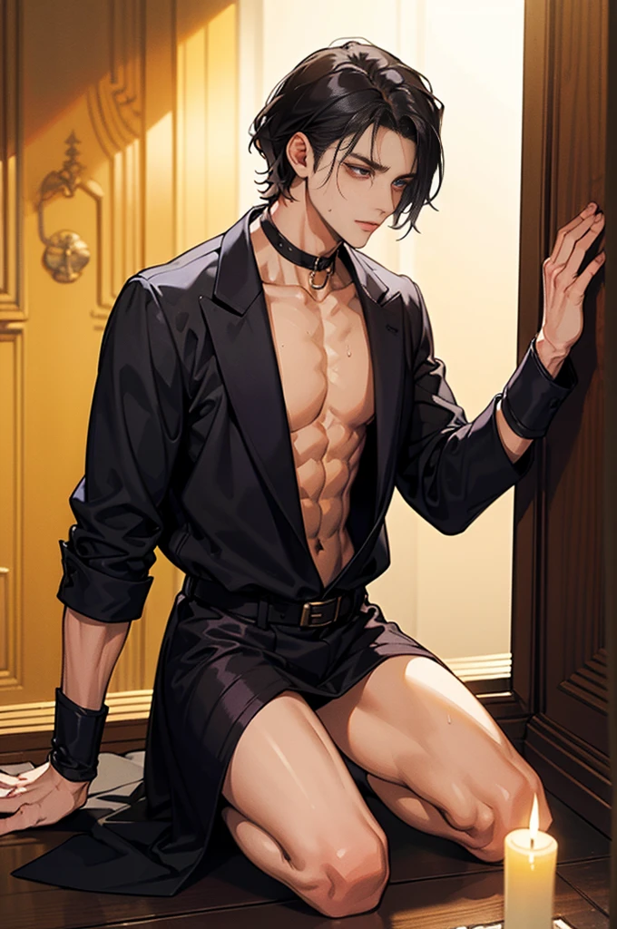 ((Masterpiece, Highest quality)), Detailed face, dramatic lighting, dark colors and atmosphere, full body, Full of details, frontal body view, back body view, Highly detailed, Depth, Many parts, Muscle boy with short black hair,handsome man, mercenary, man tall, pectoral muscles, abs, seductively laying down, beckoning