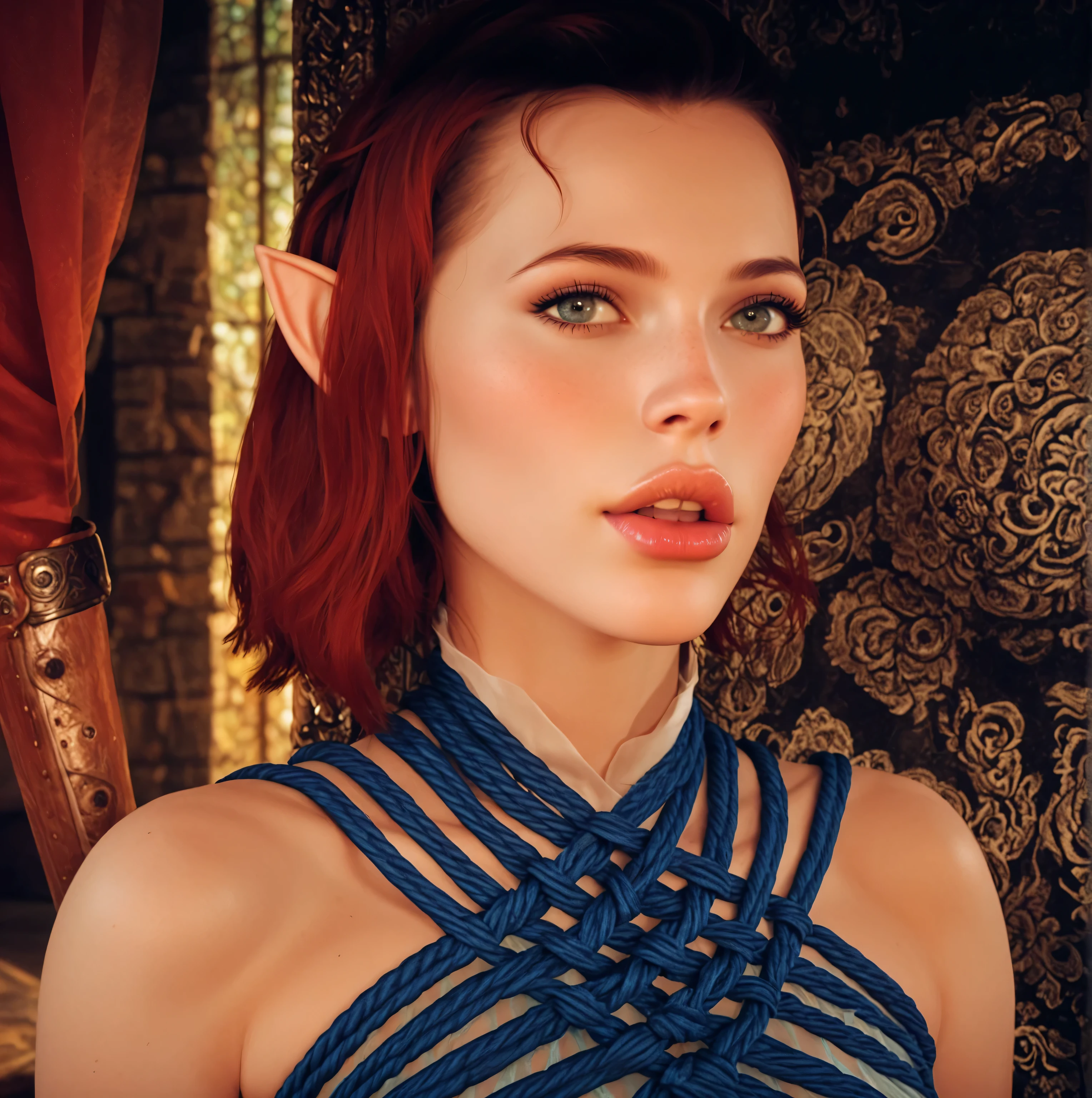 dragon age inquisition, elven character, elf woman, she has elf ears, female character, Perfect round medium breasts, short red lesbian hair, juicy lips, sexy body, slim waist, thin, skinny, scantily clad, translucent clothing, ornate embroidery, shibari