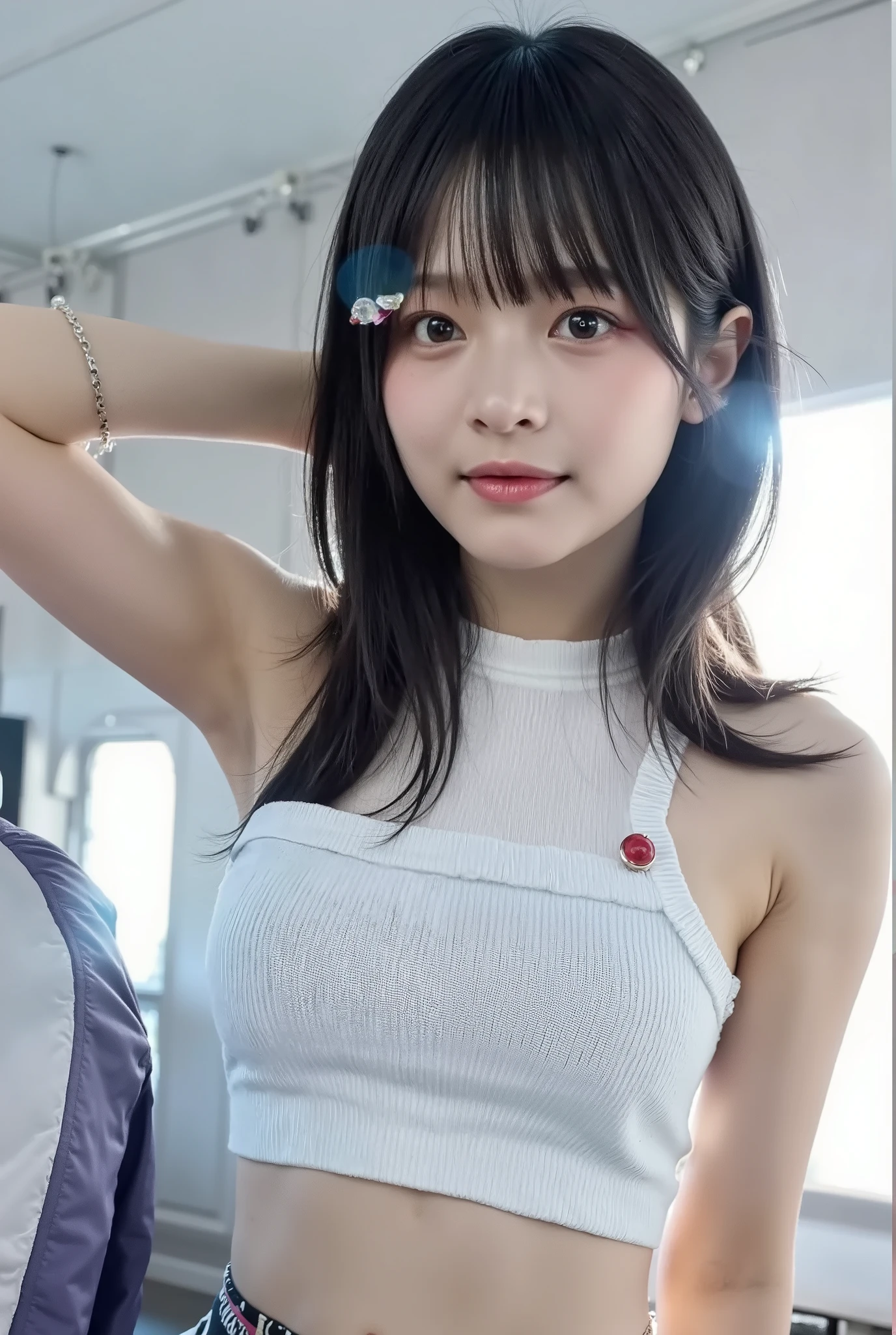 ((Ultra-high resolution)),8K,16 years old、Small breasts, , Twin tails, Green mini skirt, White shirt, Front opening of the shirt,Idol Sculpture, Wet, smile、Pink wall、sexy、slender、Shapely small breasts