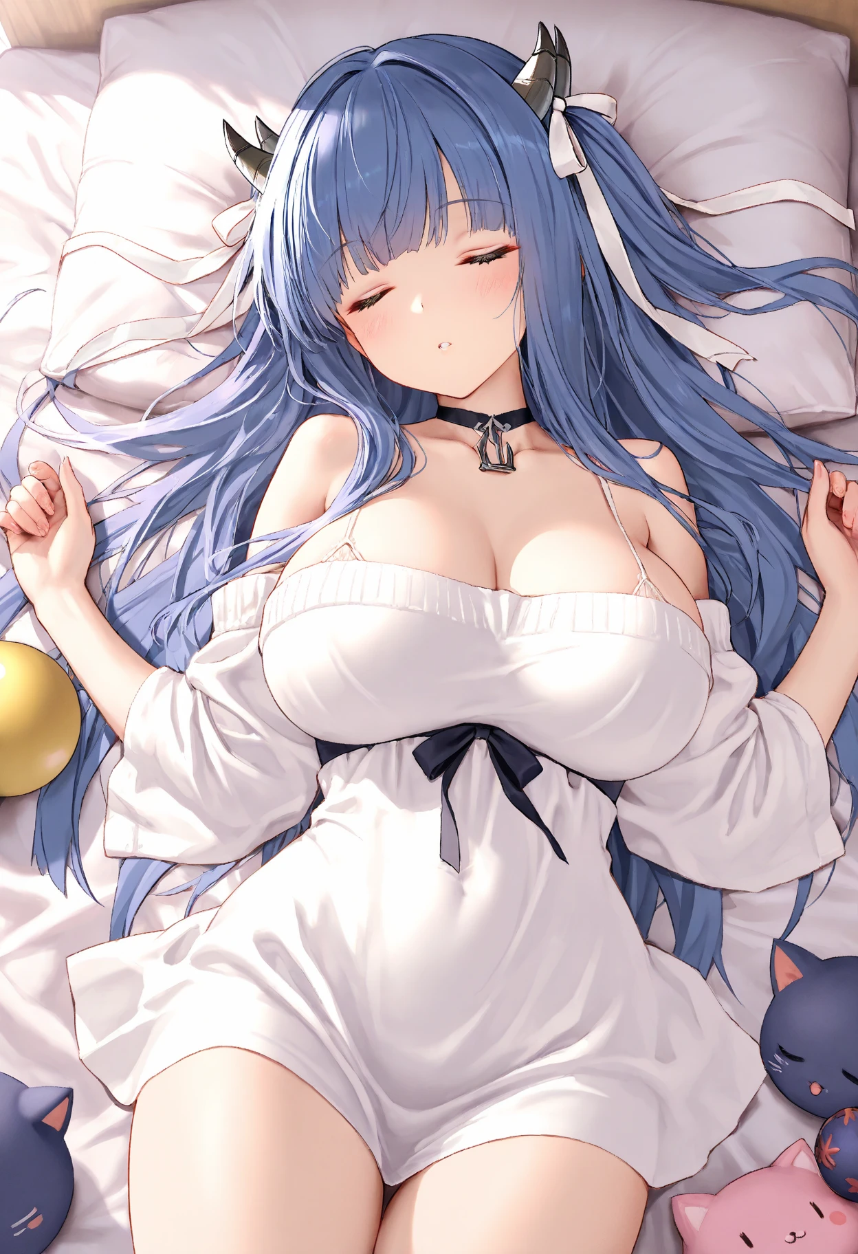jingliu,honkai star  rail, long hair, large breasts, looking at viewer, blush, bangs, hair ornament, modern style,wear and tear,yukata, collarbone, blunt bangs,bed,lie down in bed,sleeping,hotel,at night,