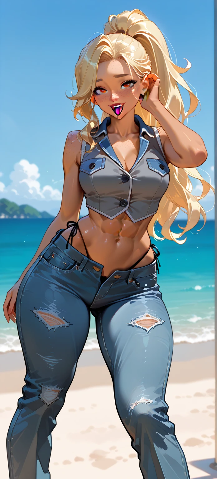 3/4 side view, feminine sensual 20 yo woman, extremely long blonde hair, most attractive, closed zipped jacket, laced-up thgh-high boots, baggy long trousers, free midriff, sixpack abs, strong well defined muscle, lean powerful bodybuilder physique, perfect and flawless musculature, great muscle definition, perfect six-pack abs, full large lips with enormous lip fillers, huge bulging breasts, massive glutes, colossal thighs