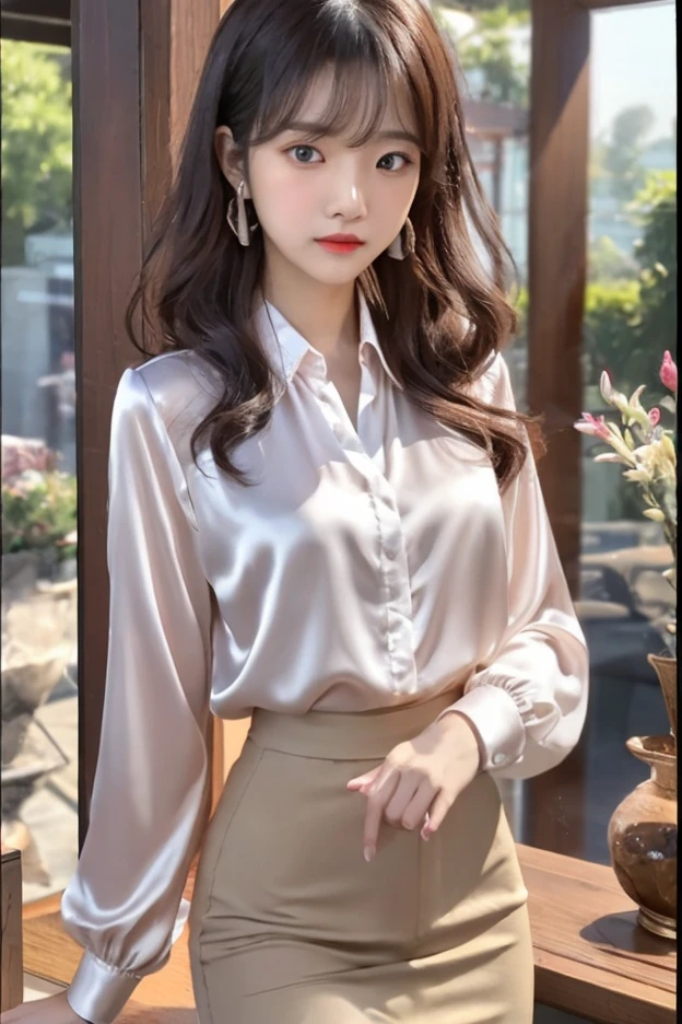 masterpiece、Highest quality、High resolution、Realistic、Beautiful Skin、Slim style、Medium chest、short hair、Full Body Shot、formal,metallic Silver、 Satin silk ribbon blouse、Leather tight skirt