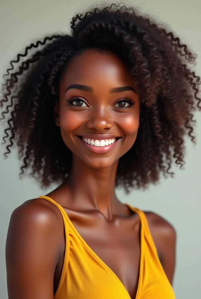 A young black woman with curly hair wearing African clothes from not so ancient times without accessories 
