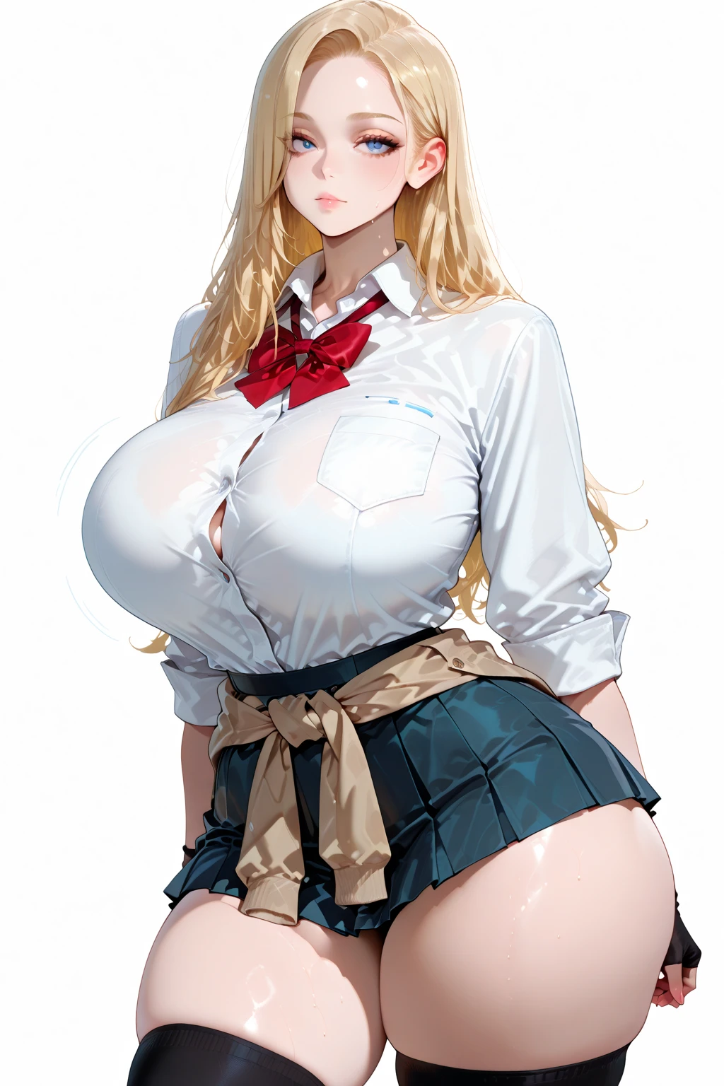 Chica de anime con cabello largo y rubio con camisa blanca y pantalones cortos azules, OPPAI, biomechanical oppai, official anime still, Proporciones OPPAI, con unos pechos grandes, Omina Tachibana, seductora chica de anime, Chica rubia de anime con cabello largo, Mejor chica del anime, pechos grandes!!, pechos grandes!, con senos grandes,