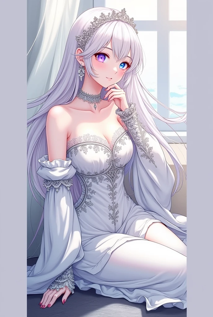 <lora:lappland:1>, lappland, long hair, scar across eye, grey eyes, upper body , Timeless strapless ball gown with a full tulle skirt and a beaded waistline