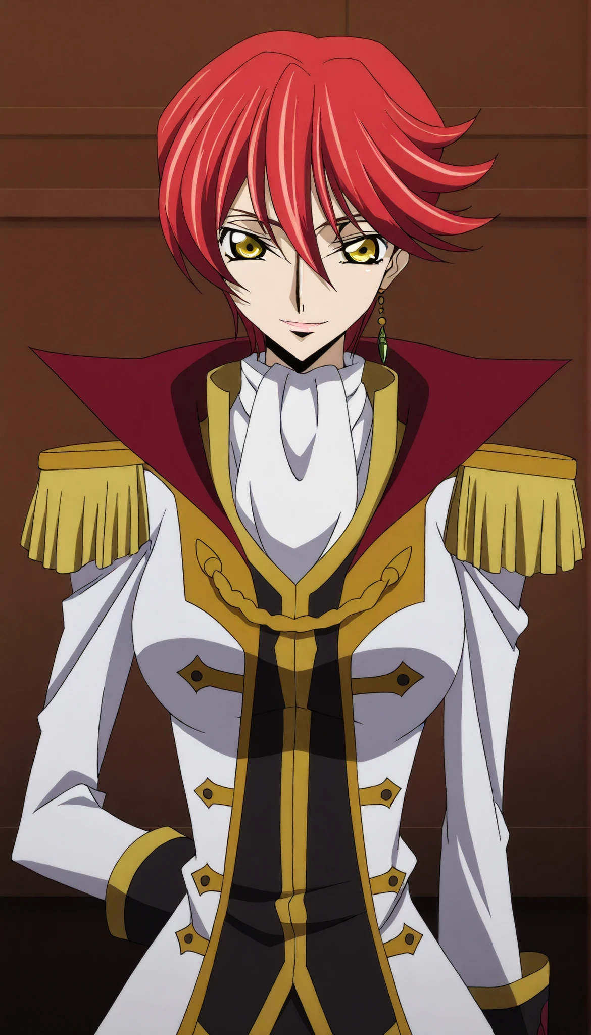 1girl,solo,mm,mature female,short hair,red hair,yellow eyes,single earring,large breasts,anime coloring,
uniform,epaulettes,gloves,ascot,upper body, looking at viewer, smile,indoors
,masterpiece,best quality,amazing quality,<lora:Narah_Vaughn-Code_Geass-Dakkan_no_Rozé:0.8>