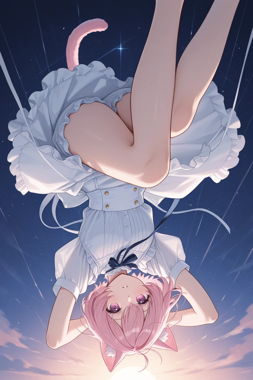 Plain white with emphasis on the chestTshirt、You can see the chest from the neck、Ultramarine and white striped mini skirt、When you lift up her skirt you can see her cute pink frilly underwear.、A fluffy, white ruffled flared skirt、When she flipped her skirt up, she found cute red ruffled underwear、barefoot、library、Three girls of different heights Magical girl with magic wand、Wind and water magic、Black Magic Robe