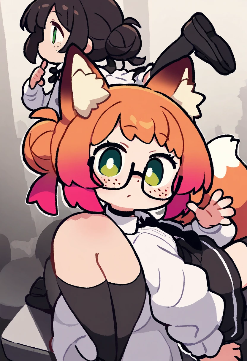 Girl with white hair, cat ears, black glasses, blushing extremely, she has put on a bra if her breasts are small, grabbing her breasts, a black skirt, a cat tail with black stockings on the bed