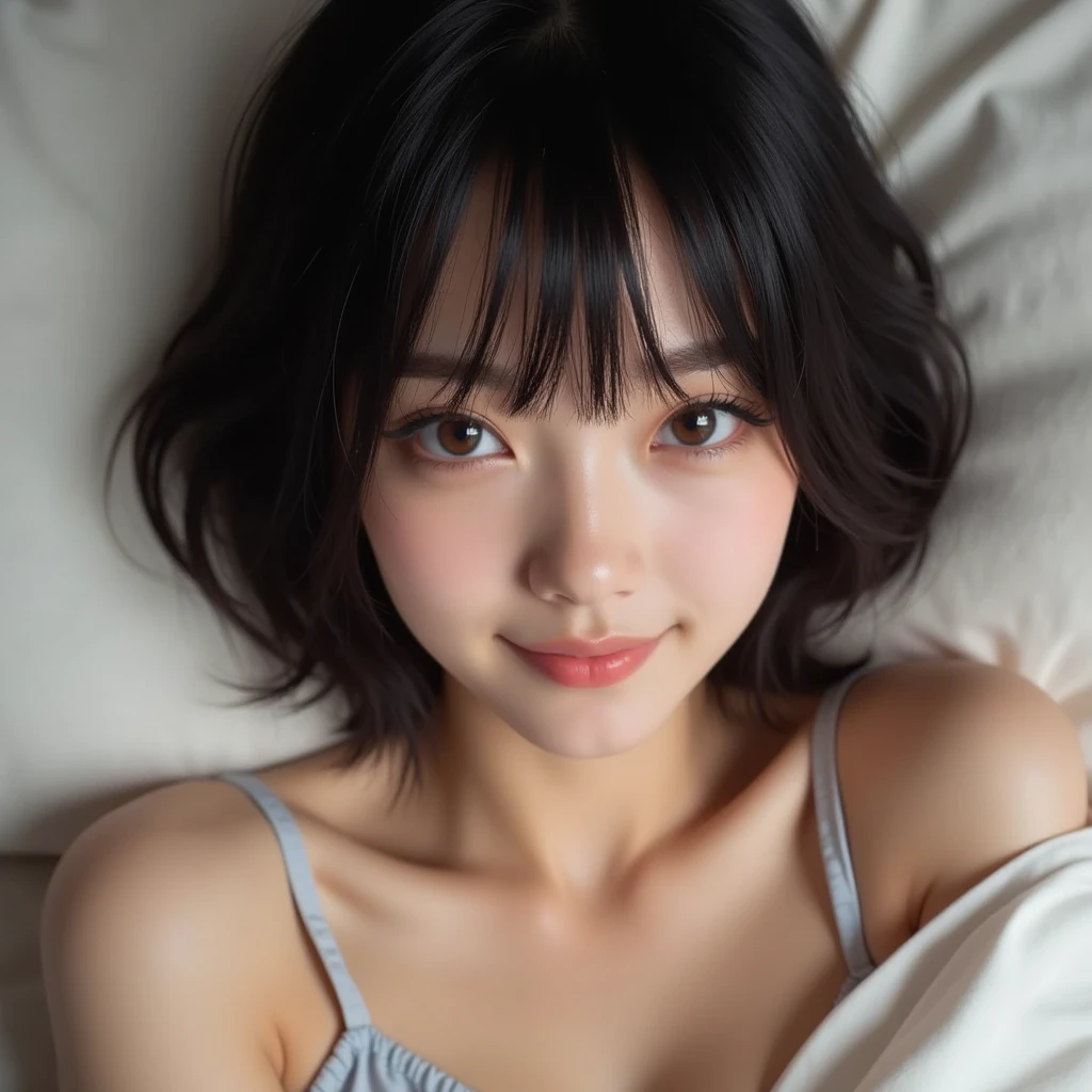 (8K、RAW Photos、Highest quality、masterpiece:1.2)、((Nipples、whole body、short hair、Flat Chest、smile))、(Realistic、Realistic)、1 Girl、((lingerie、Waking up、After sexual、morning、 Hotel Bedroom、Lying in bed、smile))、cute