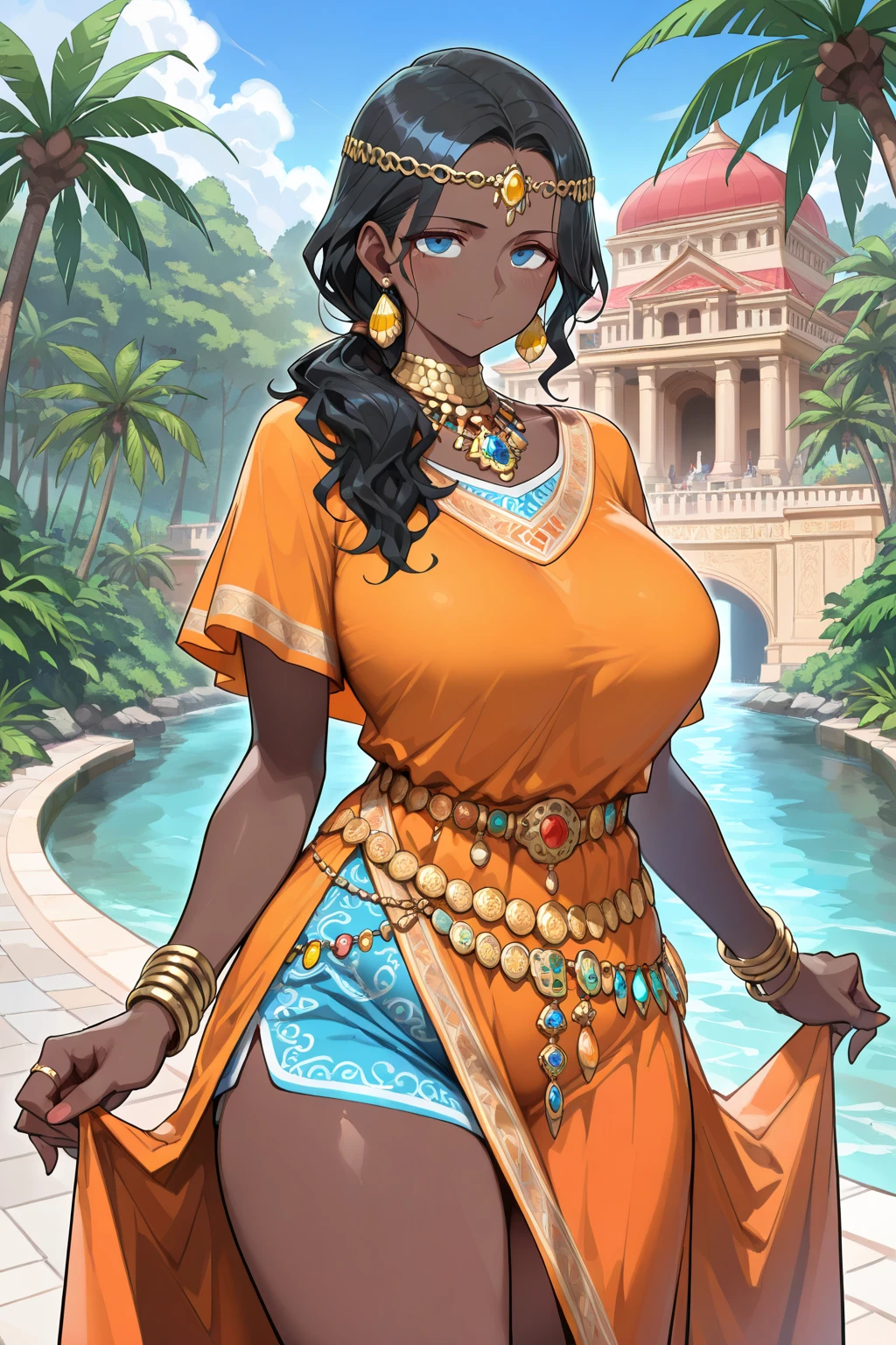 A movie scene with Pavna, a 50-year-old Indian woman, showcasing her captivating beauty and mature allure. Her dark-skinned complexion adds depth to her striking appearance, accentuated by her glistening white hair and thick lips. She exudes an air of soft gentleness and kindness as she wears a shimmering robe, complementing the iridescent thong underneath. The scene is further enhanced by the presence of sheer Arab pants that flow gracefully, adding a touch of mystery and sensuality. To complete the ensemble, she adorns a shiny gold sari top that sparkles under the light. Everything in this sophisticated, high quality, ultra-detailed, photorealistic image radiates vibrant colors, capturing the viewer's attention with its vividness. The lighting casts a soft glow, highlighting the woman's features while adding depth to the scene. It is truly a masterpiece that showcases the beauty and allure of maturity.