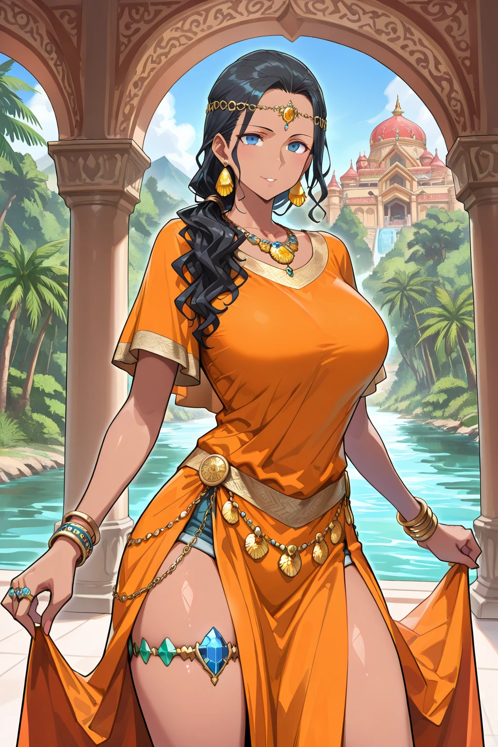 Anime girl, 21 years old, thick thighs, an amazon, Sub, loincloth, sexy clothes, soft smile, she is sitting in a tent, night, ascetic interior.