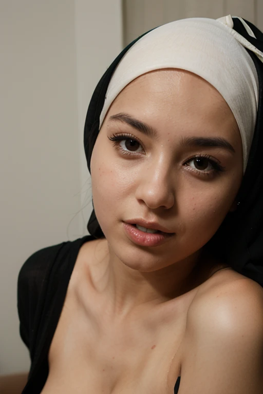 1 young woman, pale flawless skin, wearing black lace bra, wearing hijab, kneeling, (full body shot) picture taken from far, (white milk dripping from face), loads, kissing lips, frontal shot, spitting saliva from lips, (small breasts 1.3)