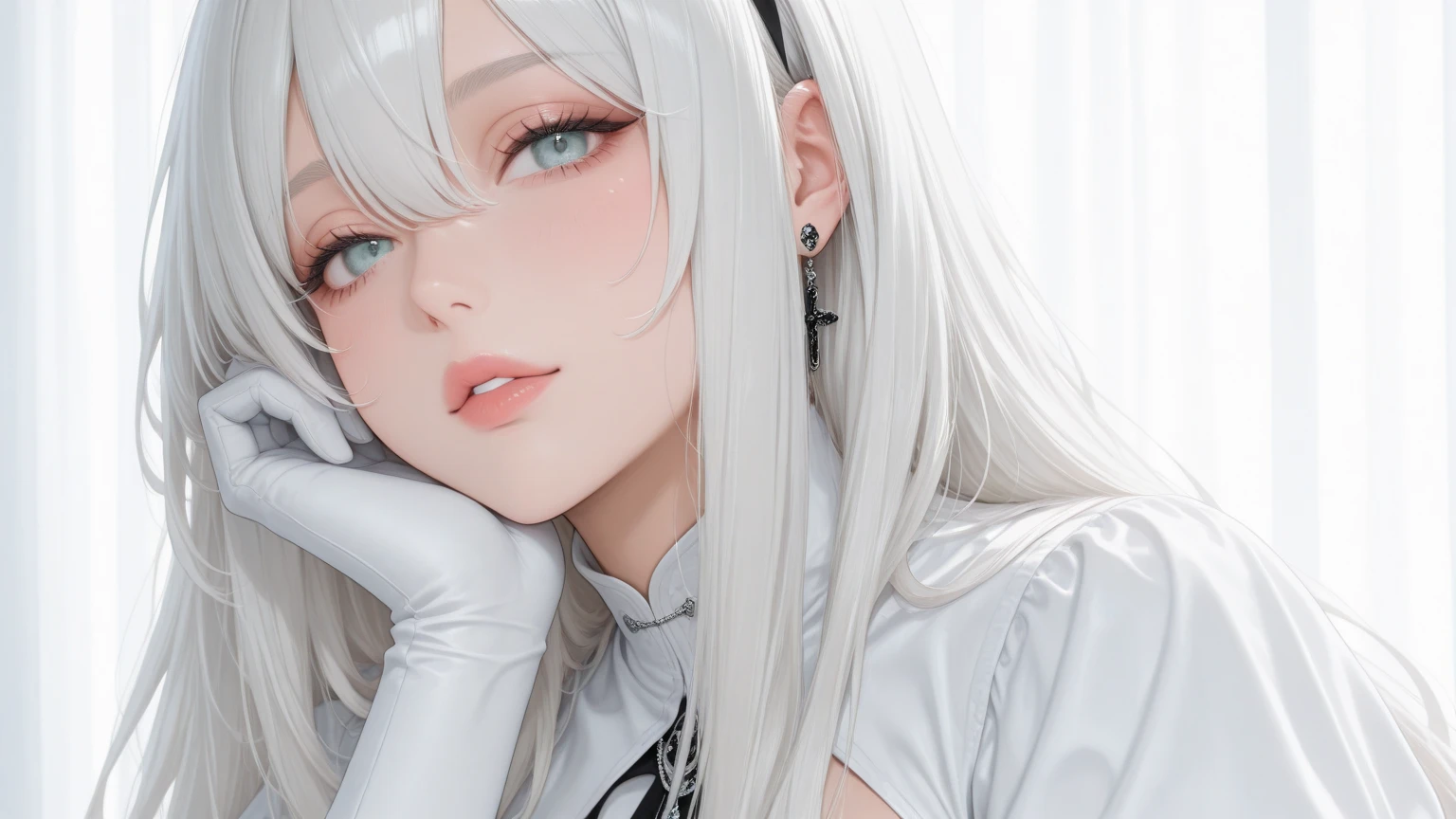 blond woman with long hair and a red fringe in a black dress, tifa lockhart with white hair, kerli koiv as anime girl, anime inspired, ava max, with long white hair, perfect white haired girl, girl with white hair, princess mononoke inspired, red contact lenses, anime cosplay, with white long hair, anime girl cosplay