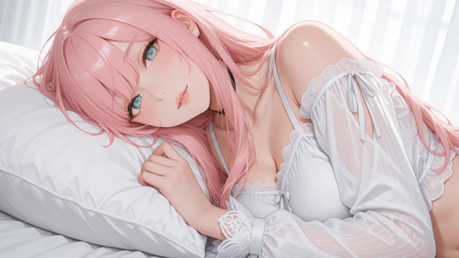 Official fine art，tmasterpiece，Sharp focus，（beautiful lovely Korean people：1.3），Delicate and beautiful hair and eyes and face，realisticlying，ultra - detailed，Two beautiful girls lying on the bed，，Glowing white particles,(side-lighting:1.2),rays of sunshine,baiyun,Slender,Cute big breasts，Giant buttocks,Toothy laughter,((Laugh and open your eyes)),Long straight hair, sexy facial expression, Dynamic hair, Long straight hair, Delicate platinum-pink hair, glow blue eyes, (nakeness), Long white socks, paleskin, hair adornments,Raise your ass，pantyless