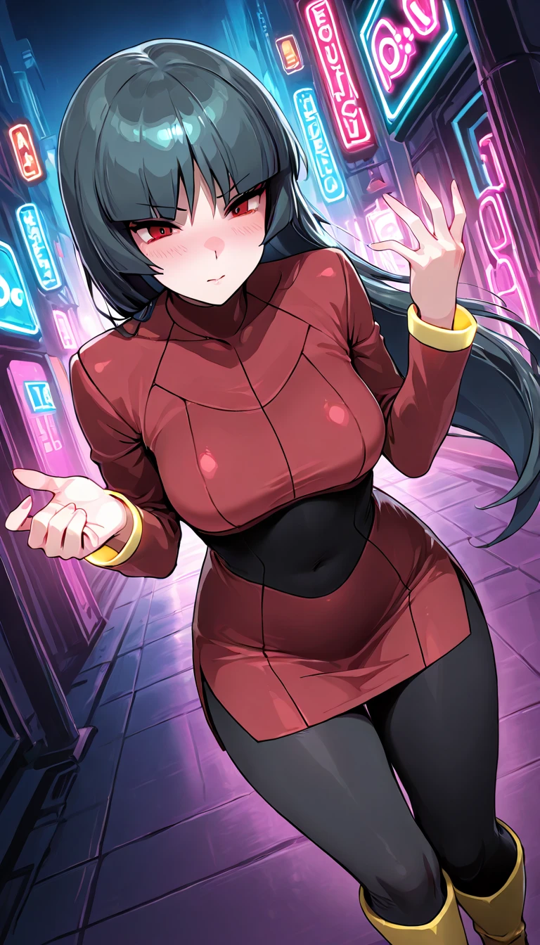 (masterpiece, best quality:1.2), 1girl, solo, sabrina, pokemon, long hair, purple hair, blunt bangs, red eyes, red sweater dress lift,(white gloves:1.2), black sash, (black leggings:1.1), (bodysuit:1.1), pantyhose, large breasts, knee boots,, panties under pantyhose, panty shot