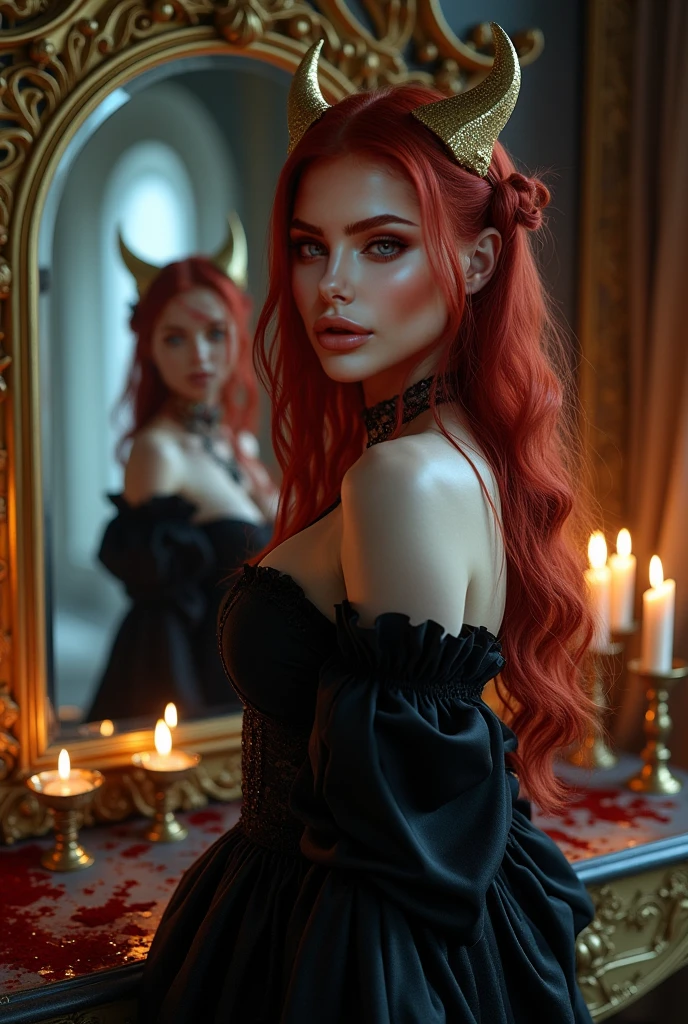 2 beautiful female vampires, 2women, vampire queens, woman vampires, big breasts, curvy body, one of them has black hair, one has ginger hair, extremely pale skin, red lipstick, cleavage, intricate details, nighttime, candlelight, gothic castle, gothic dark red dress, delicate lace fabric, revealing long dress, seductive eyes, masterpiece, 8k uhd, blood, fantasy style, mysterious, blood lust