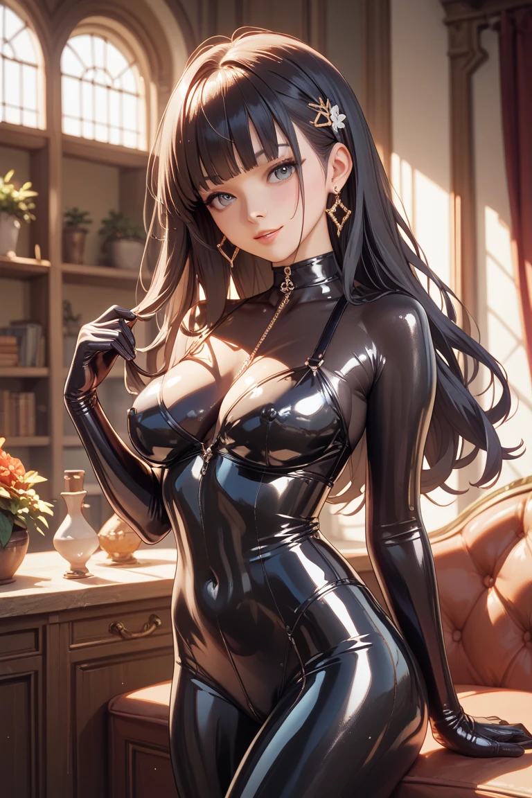 nsfw、(masterpiece, Highest quality, Super detailed:1.3), Perfect composition, 4K, (Very detailed, Super detailed),(Angle from directly below the girl:1.5), Ultra-thin high-cut latex suit、Long gloves in latex、Latex long tights,(The skin is slightly visible)、 (Lift your breasts from underneath with your palms:1.5)High resolution, 8k Texture, Attention to detail, Very detailed肌の質感, Magnificent details, High Sharpness, One girl, (Fine grain:1.3), (25-year-old woman:1.3),（A smile that lowers the corners of the eyeouth showing teeth、