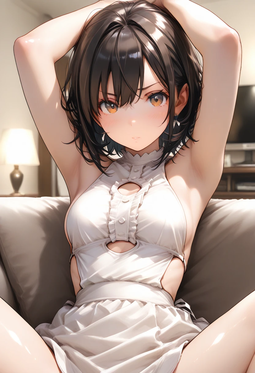 Attractive breasts、Beautiful and attractive anime woman, Enchanting anime girl, Top rated on pixiv、Short Bob、Healthy Body、Are you okay、See-through underwear、Yakuza、tattoo、I can see your underwear、Shaven、Slippery、Large round earrings、Piercing in the navel、Black Hair、Black eyes、Quiet、Inconspicuous、Tied by a collar、Being restrained、bed、Being Crucified