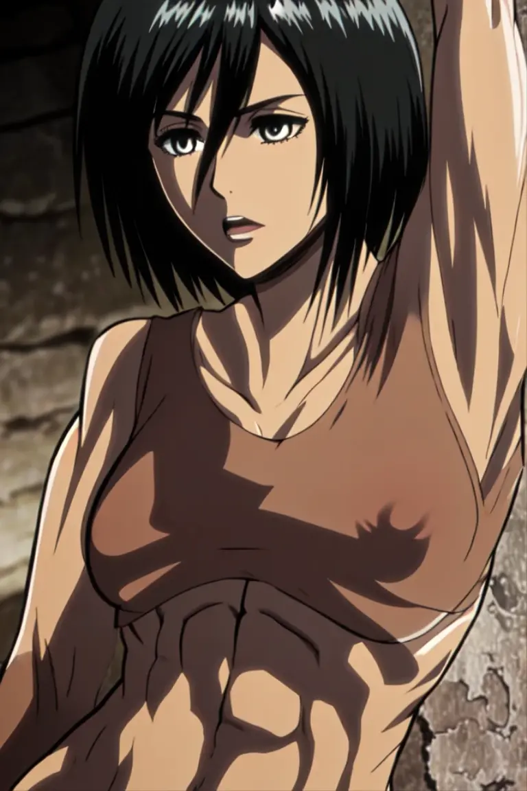1girl,ultra high details, ultra high auality,(highly detailed face)1.2,(high quality of face)1.3,Mikasa Ackerman,highly detailed abs,perfect female anatomy, best quality of shadows,highly detailed muscles,beautiful face,volume shadows