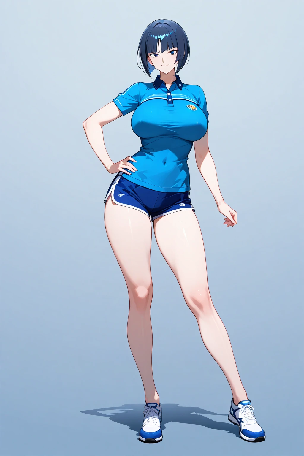(masterpiece, best quality:1.2), Shader, High contrast, behind shot, 1girl, kawaii, (super big breasts, micro waist, very long legs:1.3), Black hair, short bob hair, short height, scrawny and thin body, Light Skin, cute big eyes, cute beautiful thin face, school gym buruma, pigeon-toed, wet and sweaty, visible ribs, V sign, Trembling