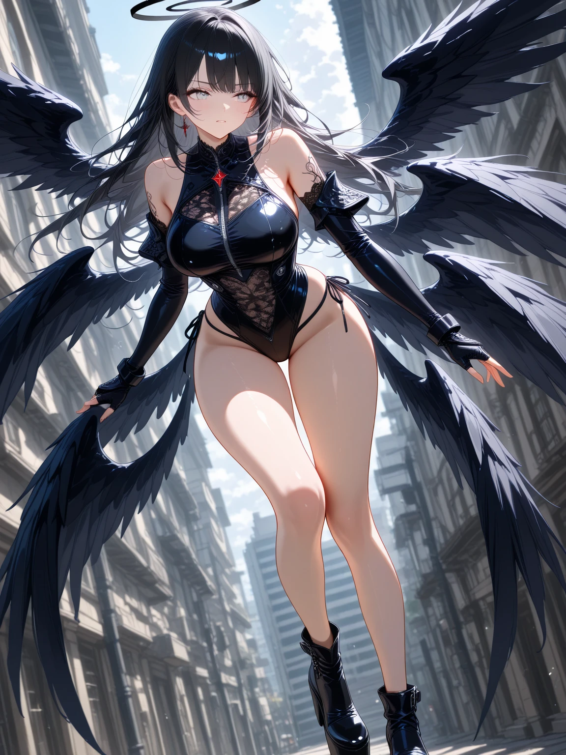 masterpiece, (Highest quality), Very detailed, Very detailed, One beautiful woman, (wing, Glowing Eyes, green:1.2), (Cyberpunk City:1.5, arms, Energy Blade), (Fantasy Landscape:1.2, Natural light:1.5, Confident expression), (Panorama:1.2), smile, Angels, wing,