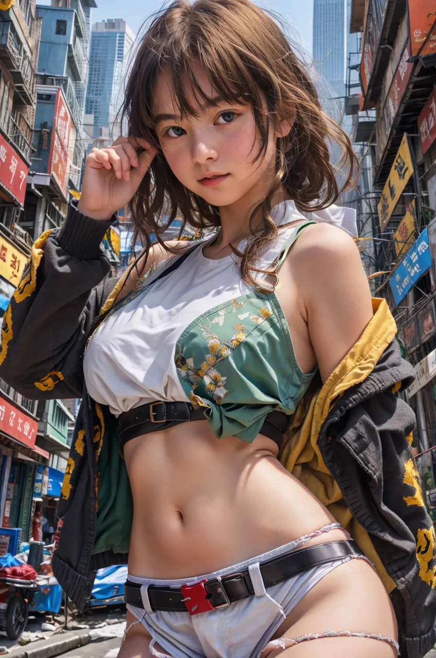 (realistic:1.3), finely detailed, quality, rembrandt lighting, (masterpiece:1.2), (photorealistic:1.2), (best quality), (detailed skin:1.3), (intricate details), dramatic, ray tracing, 1girl, japanese girl, 21 years old, detailed skin texture, (blush:0.5), (goosebumps:0.5), subsurface scattering, smiling, medium breasts, short hair curls, bangs, hair between eyes, cropped shirt, (very low rise micro skirt:1.2), (highleg panties:1.1), cowboy shot, from below, (bright sunny day, tokyo, street, sky), <lora:highleg_panties_v0.1:1>