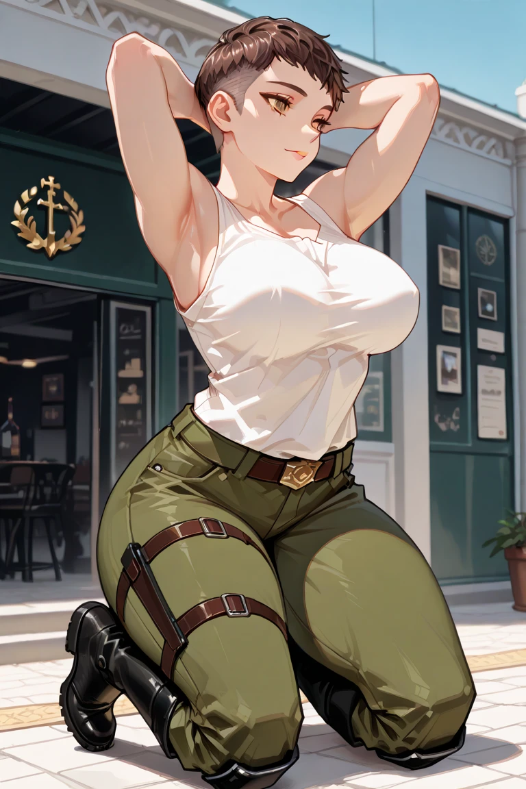 ojos naranjas claros,cabello naranja claro ricamente descolorido, anime 1 chica, Sin falda, botas militares marrones, bag on the belt, bikini caqui, "medias negras", "oscuro_rodillera naranja en la pierna derecha",( ciudad de noche:1.4), capa larga negra, (buena mano:1.5 ) buenas piernas, (Buena cara: 1.5), 1 chica, mejor mano, no hay peor mano. sin ropa, en la gran ciudad, camiseta caqui, mejor cara, muy buena cara, hiper detalle, vistoso, NSFW:1.5
