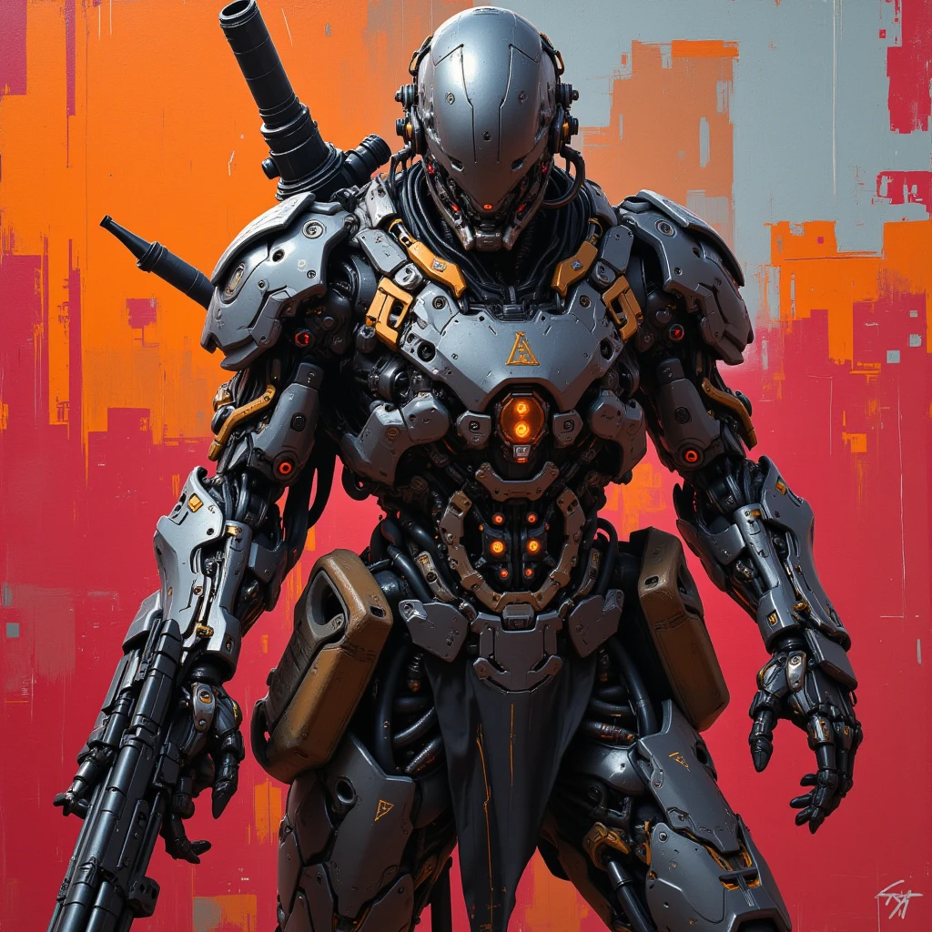 A monk with a combination of mecha and human body, holding a machine gun