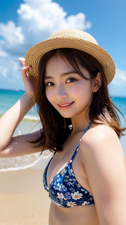 (Highest quality, DSLR, 8k, top quality, high resolution, perfect anatomy), bright brown eyes, very bright brown eyes, small diamond-shaped earrings, looking directly at the camera, beautiful brown hair, ((baby face, loose and cute medium ponytail)), very short and beautiful bangs on brown hair, E-cup chest, showing a beautiful décolleté, very beautiful 20-year-old, lip gloss, smiling very happily, very cute smile, showing upper teeth, beautiful teeth, (random summer beautiful sea or pool horizon (background only), slightly larger eyes, small face, tall supermodel, beautifully shaped model, random cute poses, dynamic angle, eye focus, head tilt, very detailed and realistic, very beautiful 20-year-old, ((Medium Shot)), sharp jawline, ((white one-piece dress, straw hat)), deep waist, sexy legs, side view, smiling very happily, laughing, summer afternoon